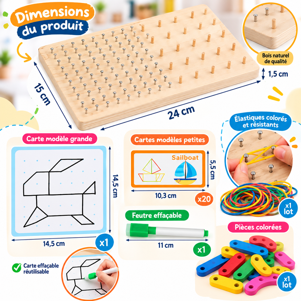 Board Montessori 2 en 1 : Chiffres et Lettres, Clous et Élastiques