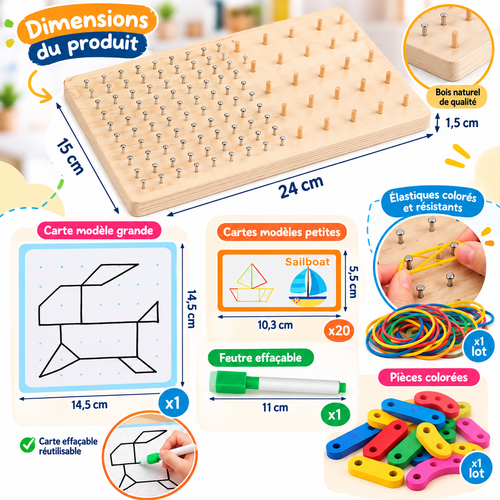 Board Montessori 2 en 1 : Chiffres et Lettres, Clous et Élastiques