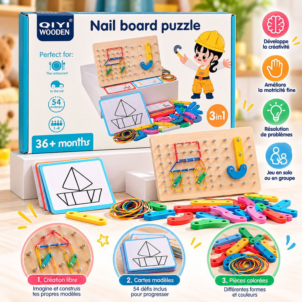 Board Montessori 2 en 1 : Chiffres et Lettres, Clous et Élastiques