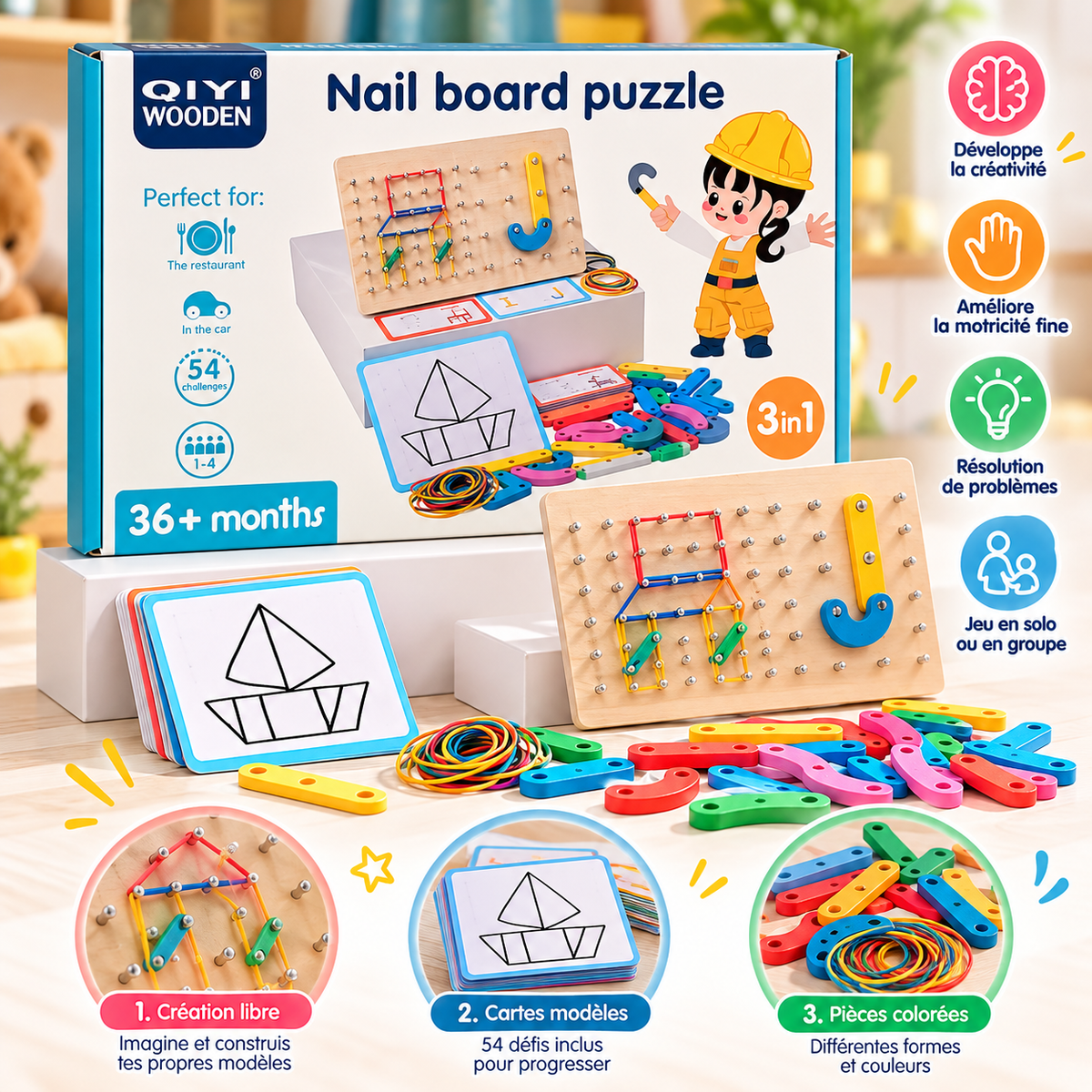 Board Montessori 2 en 1 : Chiffres et Lettres, Clous et Élastiques