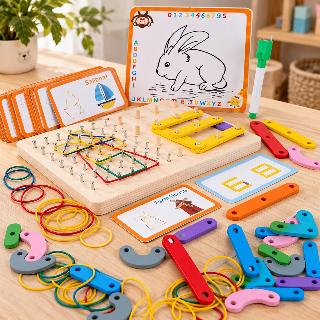 Board Montessori 2 en 1 : Chiffres et Lettres, Clous et Élastiques