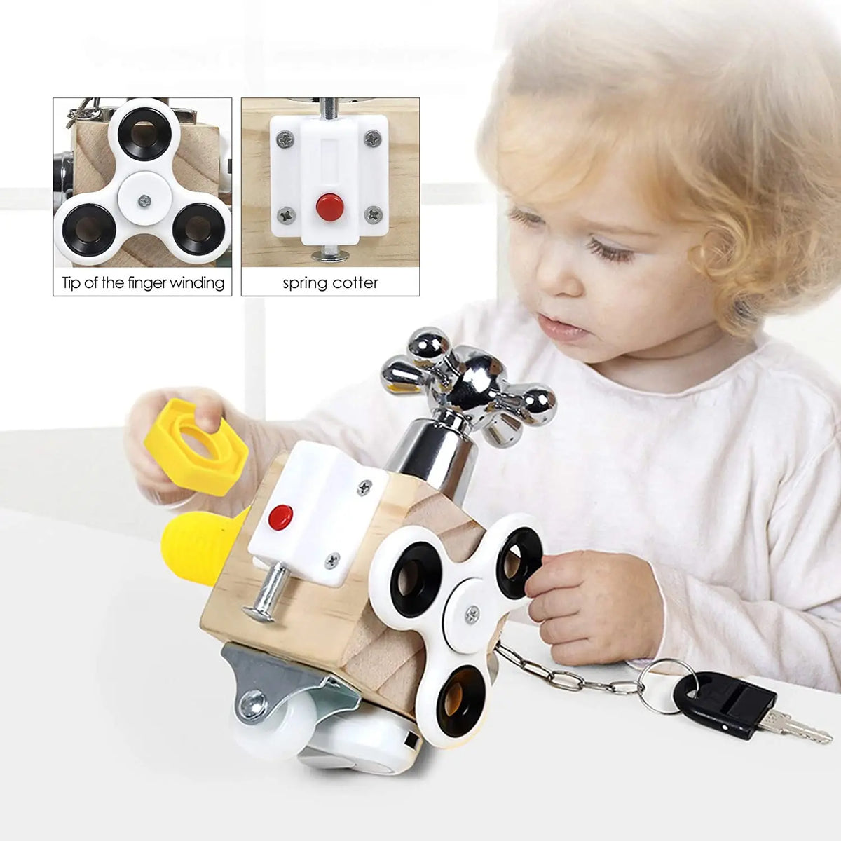Cube en bois Busy Board : l’éveil ludique selon Montessori
