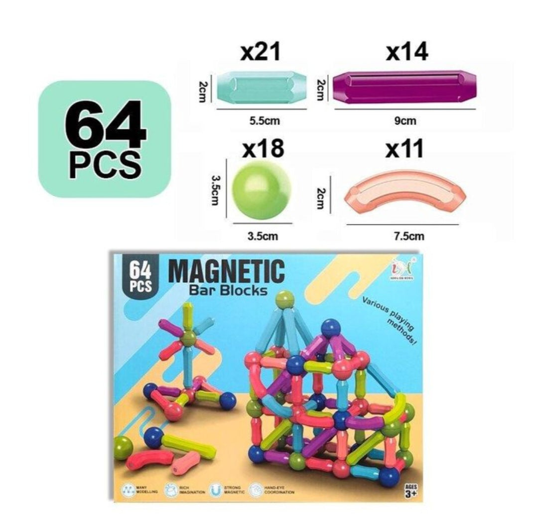 Jeu de Construction Magnétique – 64 Pièces (Magnetic Bar Blocks)